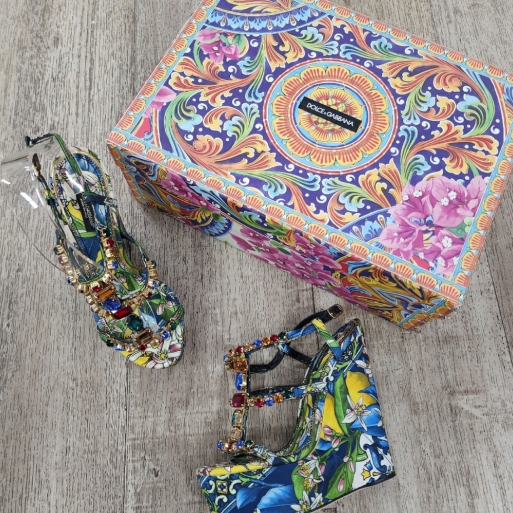 Dolce & Gabbana Multicolor Rhinestone Blue Floral Platform Wedge Sandal 6 1/2 - Picture 3 of 11